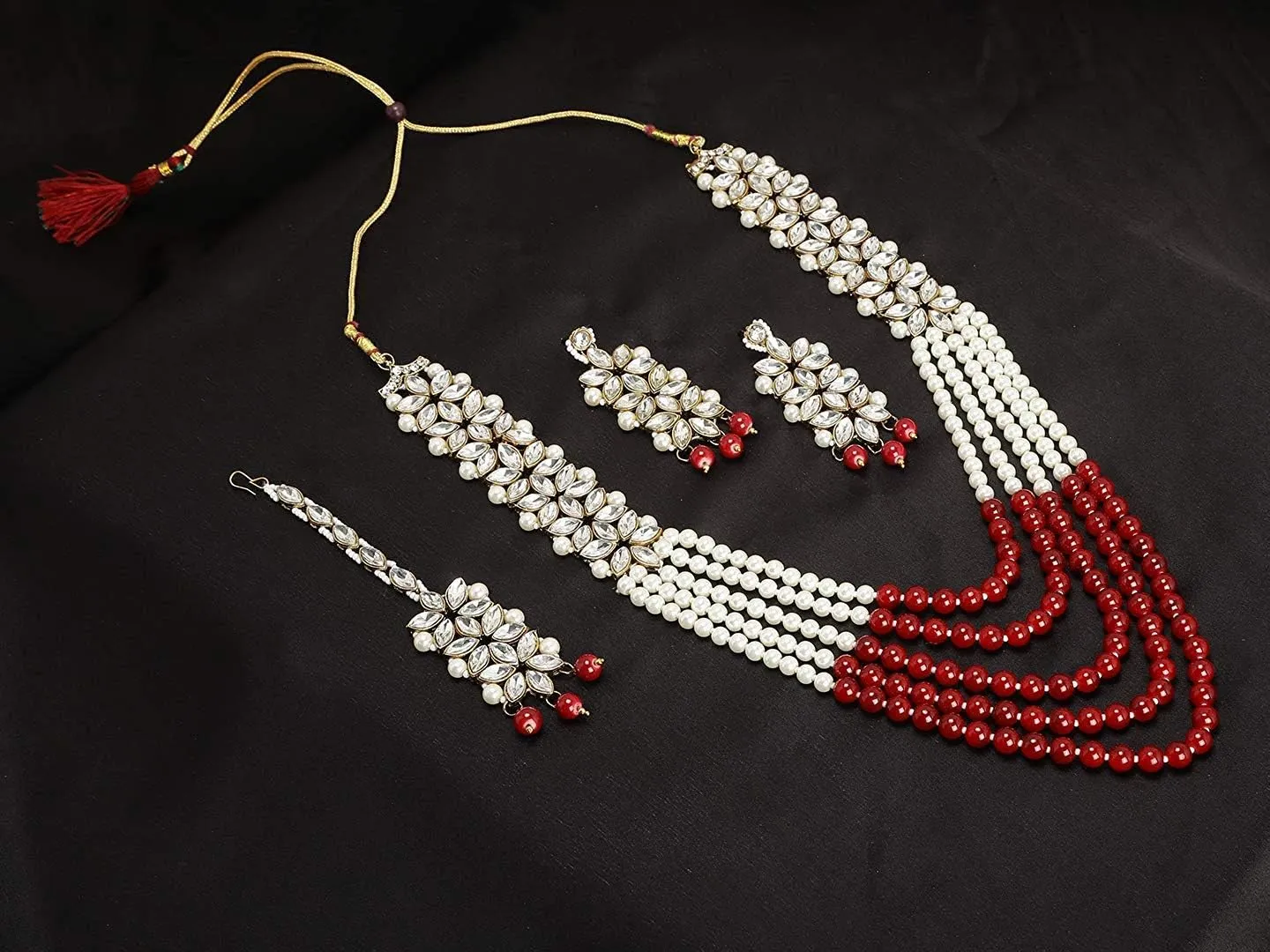 Aheli Classy Faux Kundan Beaded Pearl Long Necklace with Maang Tikka Set Indian Ethnic Wedding Bridal Jewelry Gift for Women