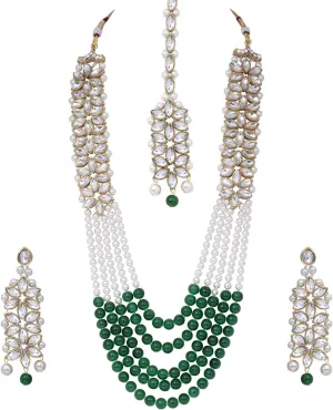 Aheli Classy Faux Kundan Beaded Pearl Long Necklace with Maang Tikka Set Indian Ethnic Wedding Bridal Jewelry Gift for Women