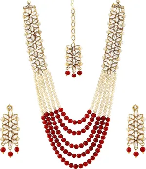 Aheli Classy Faux Kundan Beaded Pearl Long Necklace with Maang Tikka Set Indian Ethnic Wedding Bridal Jewelry Gift for Women