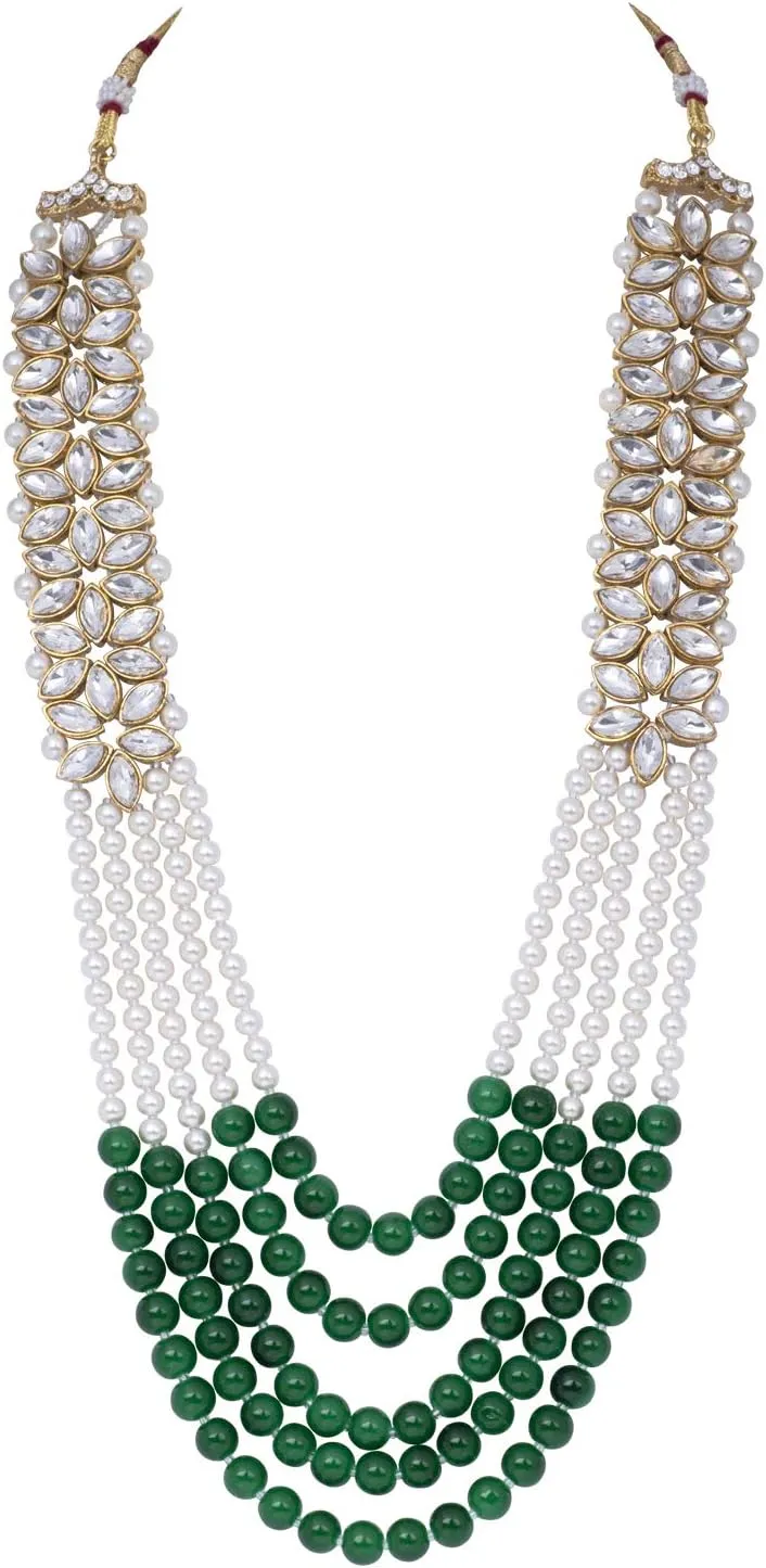 Aheli Classy Faux Kundan Beaded Pearl Long Necklace with Maang Tikka Set Indian Ethnic Wedding Bridal Jewelry Gift for Women
