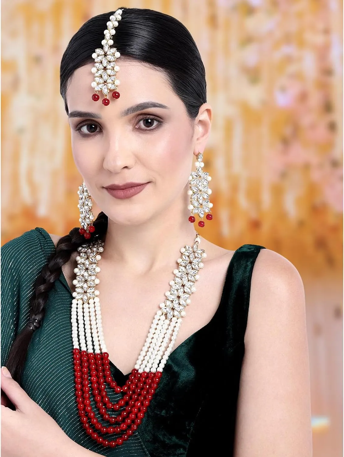 Aheli Classy Faux Kundan Beaded Pearl Long Necklace with Maang Tikka Set Indian Ethnic Wedding Bridal Jewelry Gift for Women