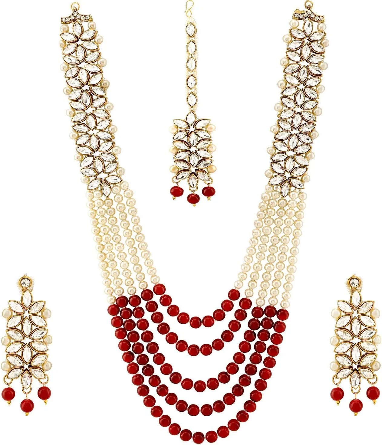 Aheli Classy Faux Kundan Beaded Pearl Long Necklace with Maang Tikka Set Indian Ethnic Wedding Bridal Jewelry Gift for Women