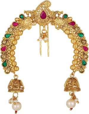 Aheli Faux Kundan Pearl Antique Gold Tone Peacock Design Crafted Indian Hair Brooch Pin Hanging Style Fashion Accessories Ethnic Wedding Jewelry Gift for Women