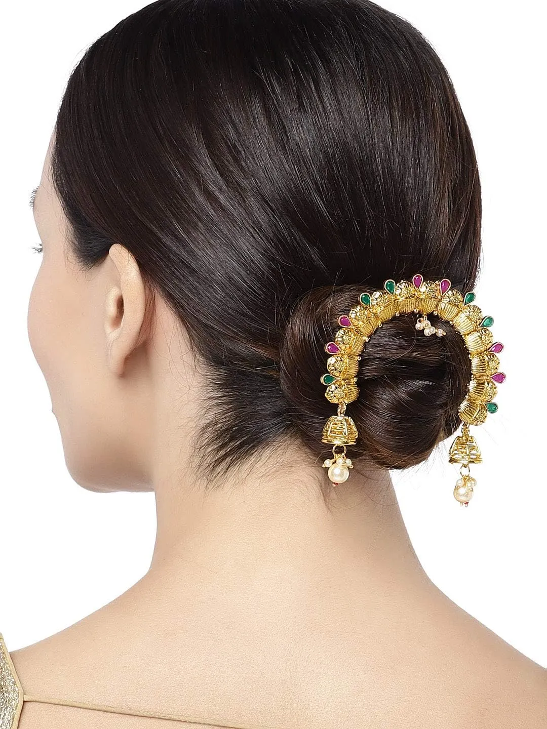 Aheli Faux Kundan Pearl Antique Gold Tone Peacock Design Crafted Indian Hair Brooch Pin Hanging Style Fashion Accessories Ethnic Wedding Jewelry Gift for Women