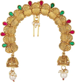 Aheli Faux Kundan Pearl Antique Gold Tone Peacock Design Crafted Indian Hair Brooch Pin Hanging Style Fashion Accessories Ethnic Wedding Jewelry Gift for Women