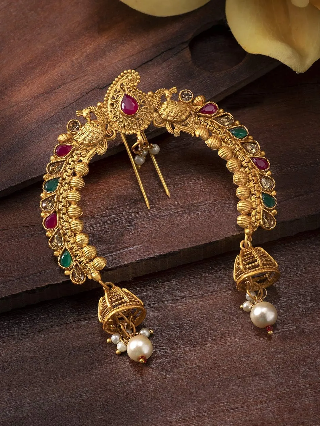 Aheli Faux Kundan Pearl Antique Gold Tone Peacock Design Crafted Indian Hair Brooch Pin Hanging Style Fashion Accessories Ethnic Wedding Jewelry Gift for Women