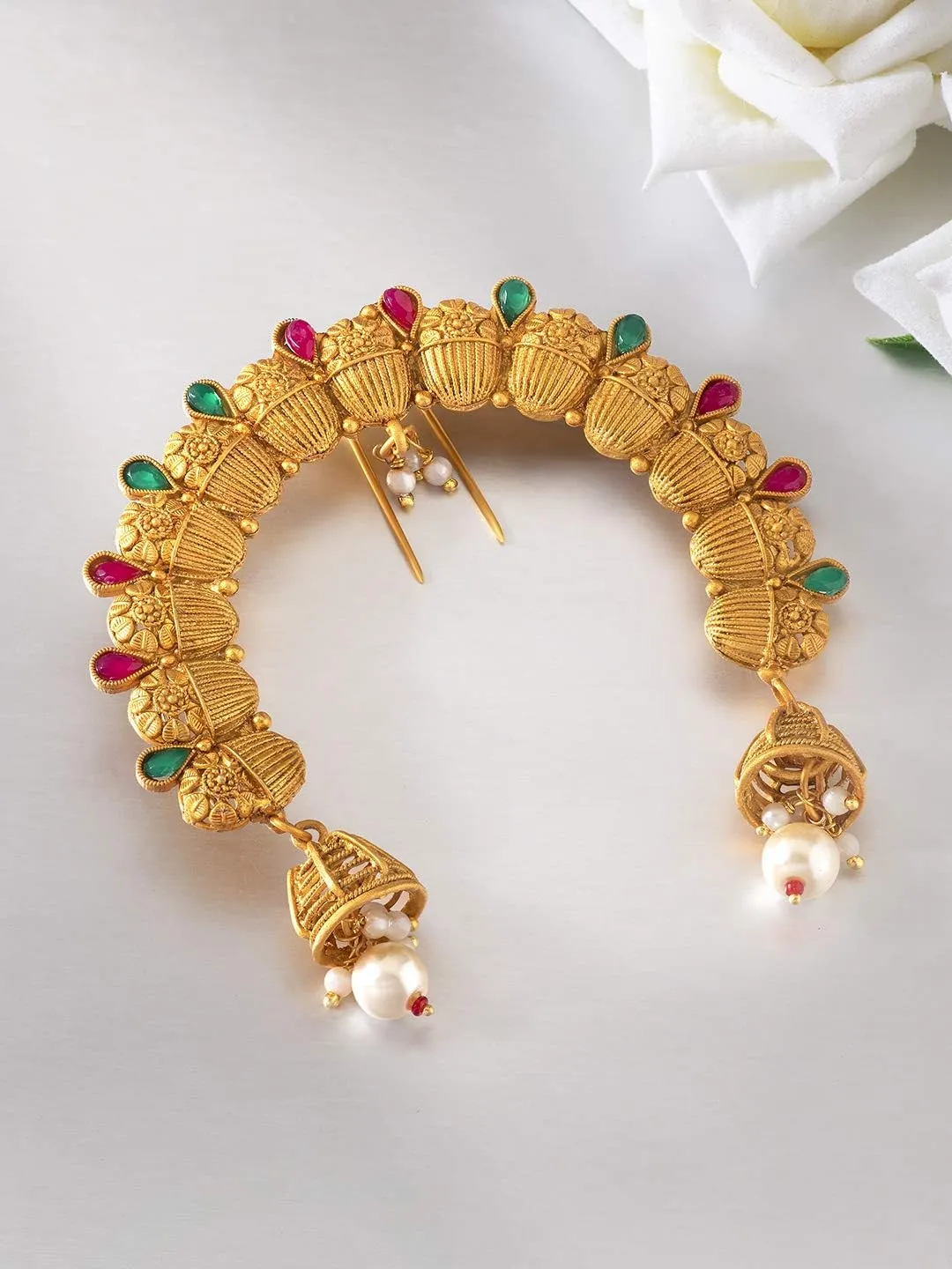 Aheli Faux Kundan Pearl Antique Gold Tone Peacock Design Crafted Indian Hair Brooch Pin Hanging Style Fashion Accessories Ethnic Wedding Jewelry Gift for Women