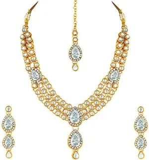 Aheli Gold Plated Traditional Kundan Long Necklace Jewellery Set with Earring Maang Tikka Gift for Women