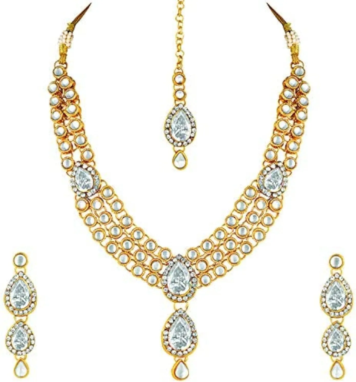 Aheli Gold Plated Traditional Kundan Long Necklace Jewellery Set with Earring Maang Tikka Gift for Women