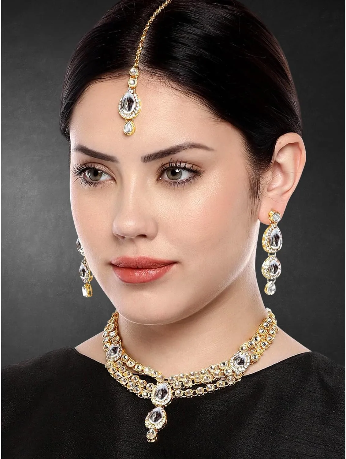 Aheli Gold Plated Traditional Kundan Long Necklace Jewellery Set with Earring Maang Tikka Gift for Women