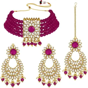 Aheli Jodha Akbar Faux Kundan Faux Pearl Choker Necklace with Earring Maang Tikka Indian Traditional Bollywood Bridal Jewelry Set Gift for Women