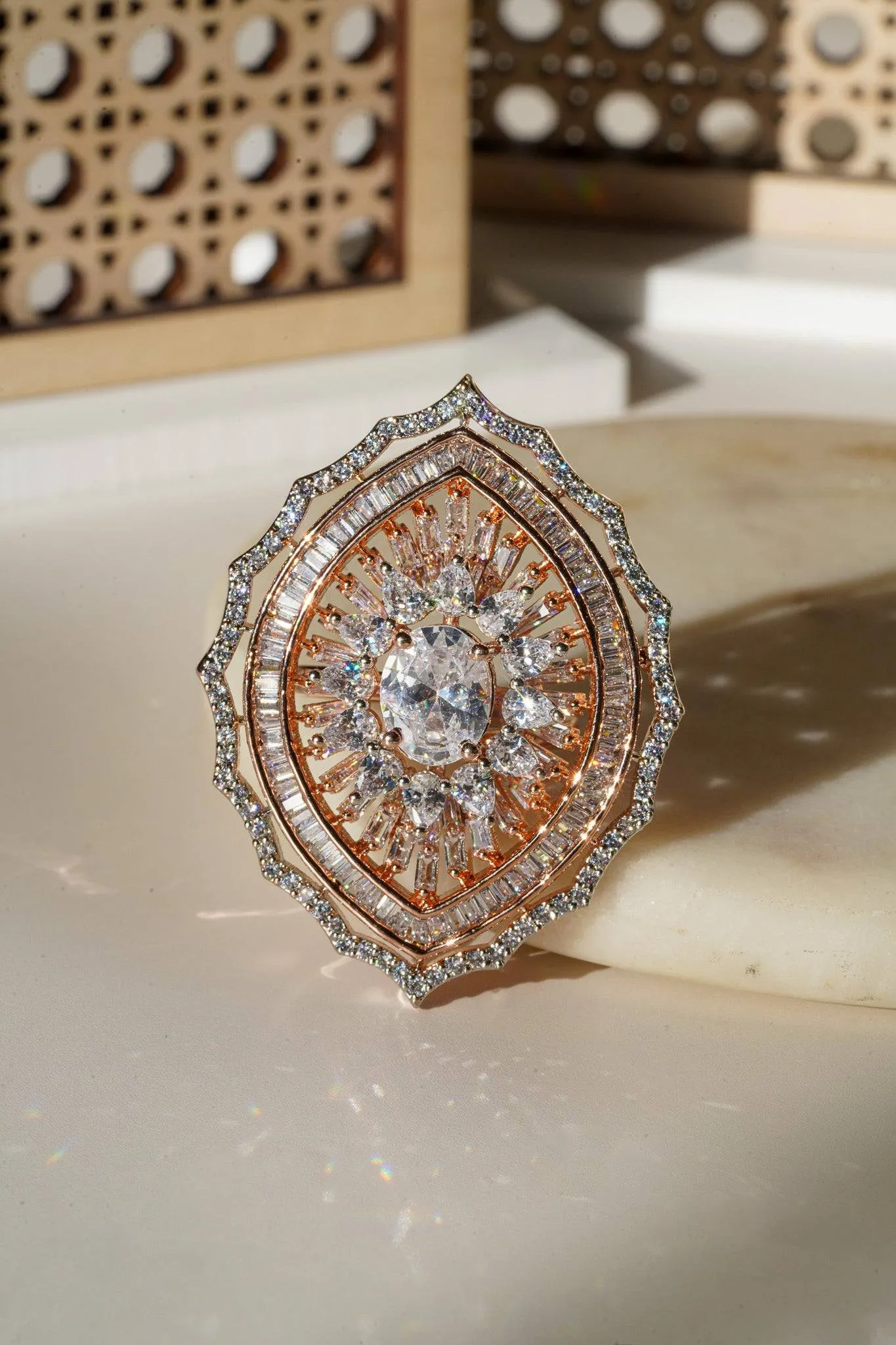 Aishi - Rose Gold Adjustable Marquise AD Ring