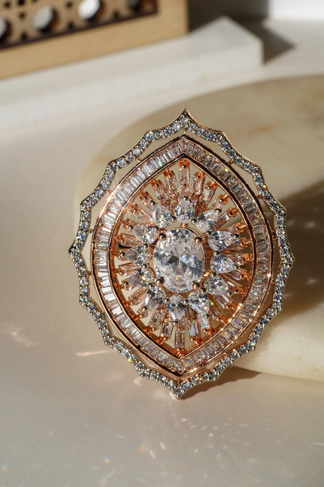 Aishi - Rose Gold Adjustable Marquise AD Ring