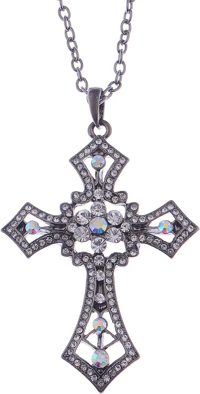 Alilang Silvery Tone Clear Rhinestones Religious Cross Pendant Necklace