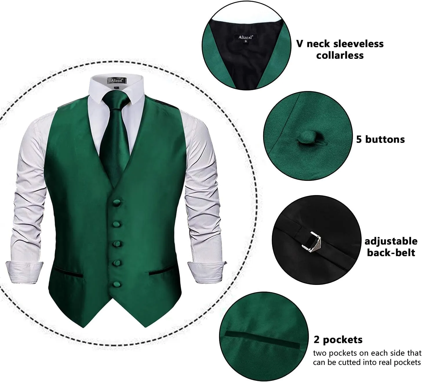 Alizeal Mens Classic 5Pcs Solid Color Satin Suit Vest Set