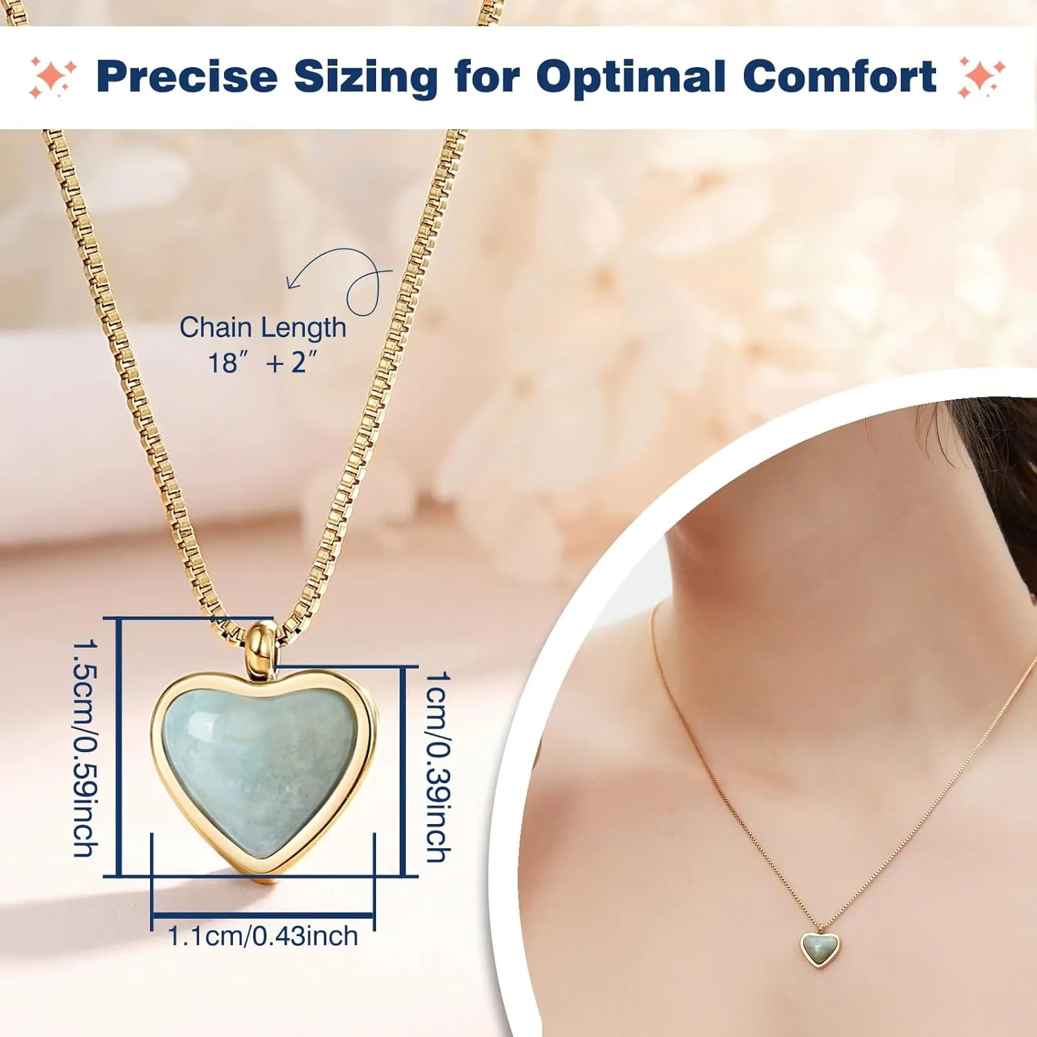 Amazonite Heart Necklace for Women 18k Gold Plated Pendant Necklace, Empowering Jewelry With Healing Crystal, Adjustable Dainty Layered Box Chain, Handmade Gold Trendy Jewelry Necklaces for Teen Girls