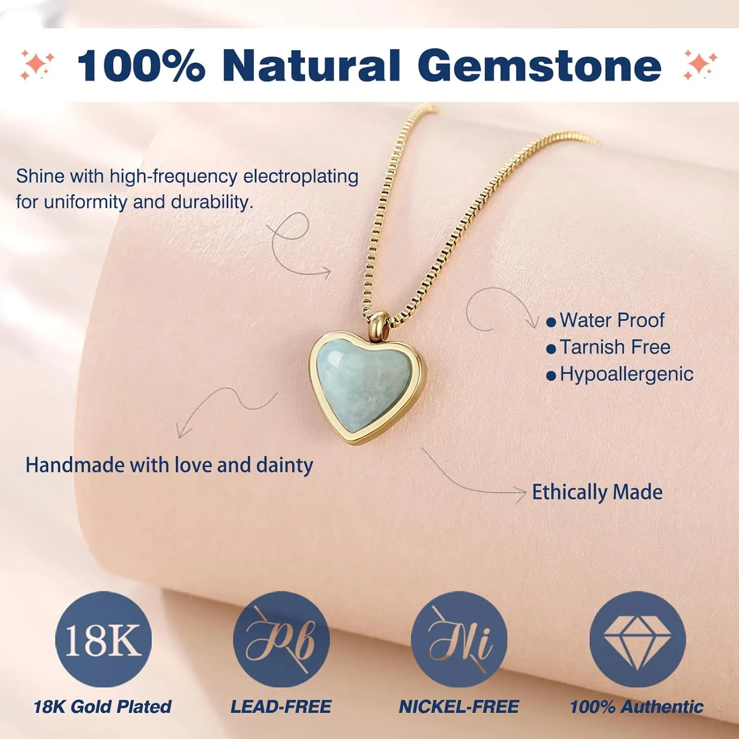 Amazonite Heart Necklace for Women 18k Gold Plated Pendant Necklace, Empowering Jewelry With Healing Crystal, Adjustable Dainty Layered Box Chain, Handmade Gold Trendy Jewelry Necklaces for Teen Girls