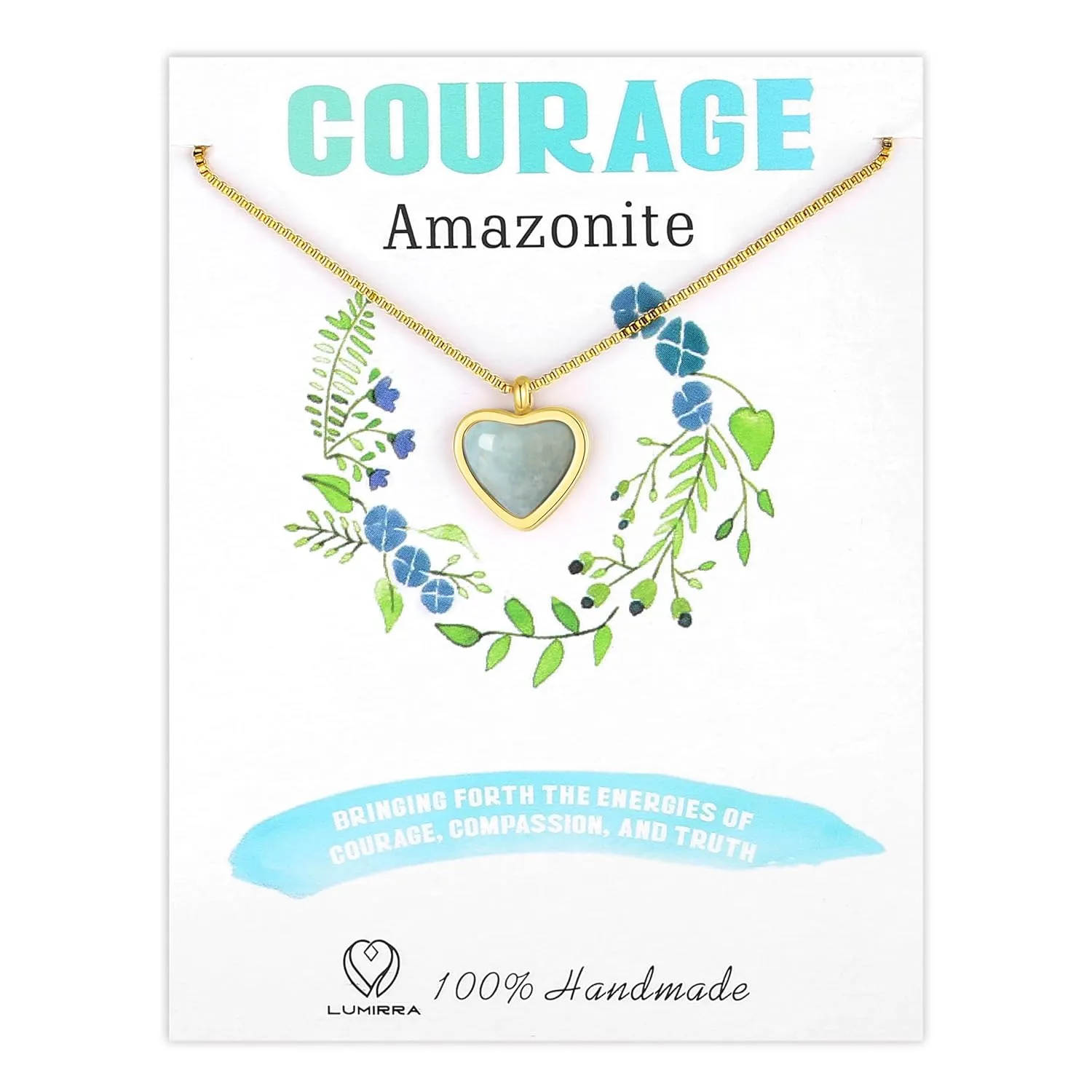 Amazonite Heart Necklace for Women 18k Gold Plated Pendant Necklace, Empowering Jewelry With Healing Crystal, Adjustable Dainty Layered Box Chain, Handmade Gold Trendy Jewelry Necklaces for Teen Girls