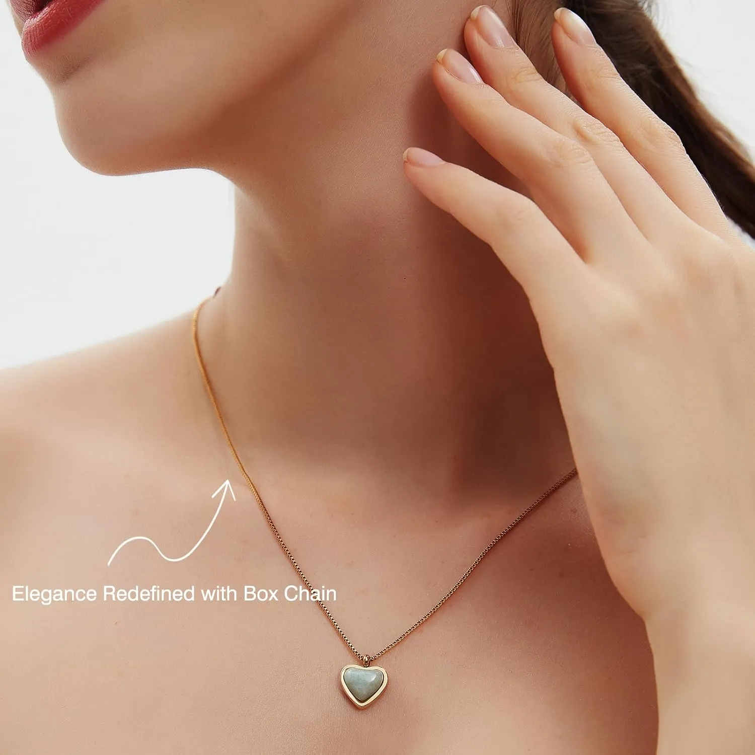 Amazonite Heart Necklace for Women 18k Gold Plated Pendant Necklace, Empowering Jewelry With Healing Crystal, Adjustable Dainty Layered Box Chain, Handmade Gold Trendy Jewelry Necklaces for Teen Girls