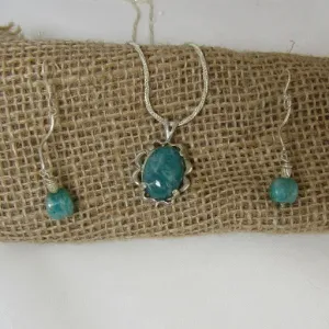 Amazonite Pendant On Silver Chain Necklace & Matching  Earrings