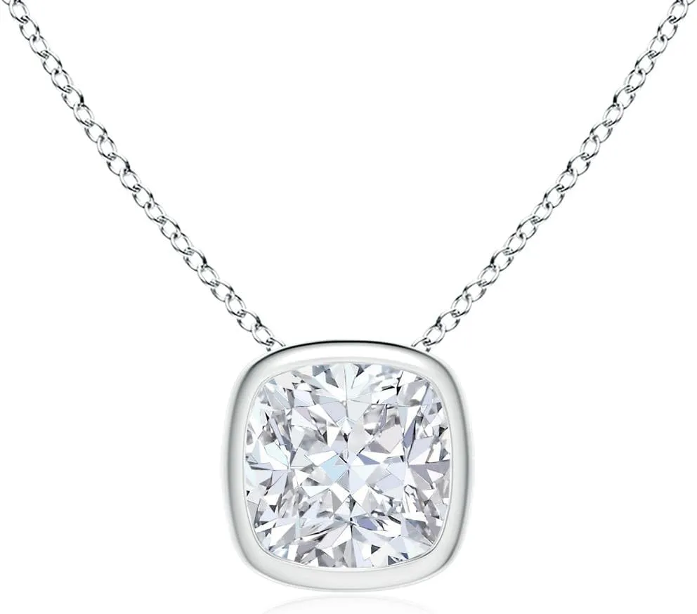 Angara Lab Grown Bezel-Set Cushion Diamond Solitaire Pendant in 14K Solid Gold/Platinum | April Birthstone, Birthday, Engagement, Anniversary, Wedding Jewelry Gift for Women