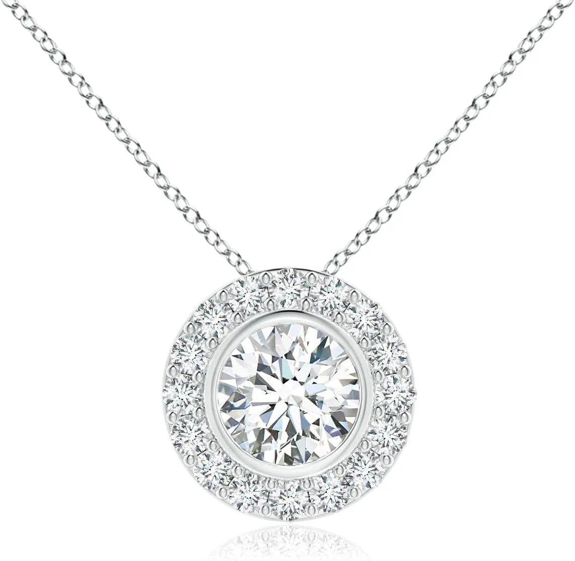 Angara Lab Grown Bezel-Set Solitaire Round Diamond Halo Pendant in 14K Solid Gold/Platinum | April Birthstone, Birthday, Engagement, Anniversary, Wedding Jewelry Gift for Women