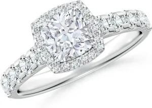 Angara Lab Grown Cushion Diamond Halo Engagement Ring in Silver / 14K Solid Gold/Platinum | April Birthstone, Birthday, Anniversary, Wedding Jewelry Gift for Women