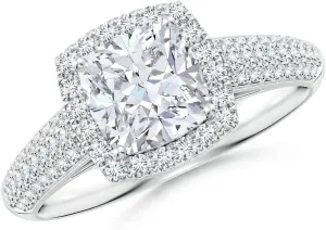 Angara Lab Grown Cushion Diamond Halo Engagement Ring with Pave-Set Accents in Silver / 14K Solid Gold/Platinum | April Birthstone, Birthday, Anniversary, Wedding Jewelry Gift for Women