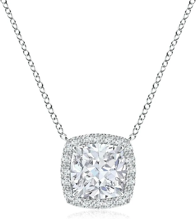 Angara Lab Grown Cushion Diamond Halo Pendant with Filigree in Silver / 14K Solid Gold/Platinum | April Birthstone, Birthday, Engagement, Anniversary, Wedding Jewelry Gift for Women