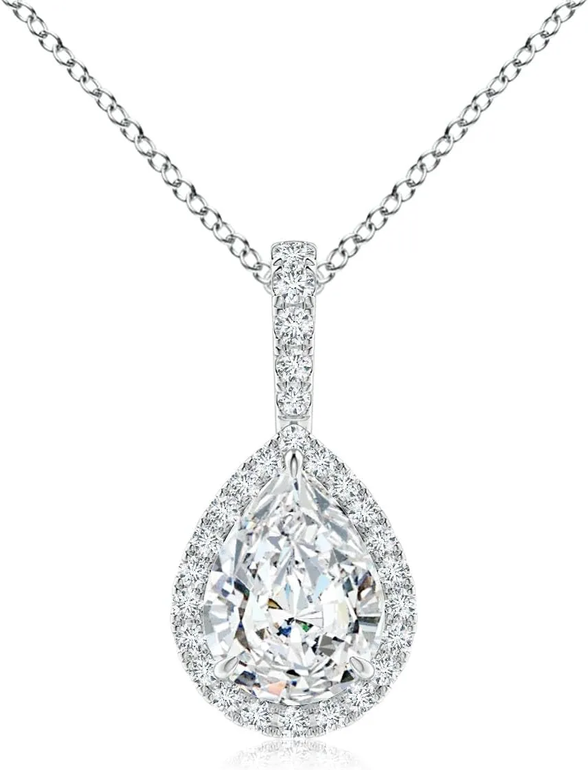 Angara Lab Grown Diamond Teardrop Pendant with Halo in Silver / 14K Solid Gold/Platinum | April Birthstone, Birthday, Engagement, Anniversary, Wedding Jewelry Gift for Women