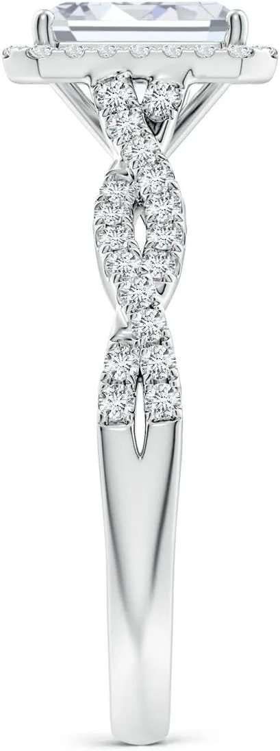 Angara Lab Grown Emerald-Cut Diamond Halo Twisted Shank Engagement Ring in Silver / 14K Solid Gold/Platinum | April Birthstone, Birthday, Anniversary, Wedding Jewelry Gift for Women