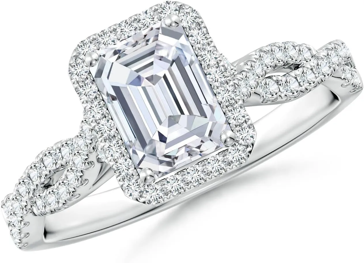 Angara Lab Grown Emerald-Cut Diamond Halo Twisted Shank Engagement Ring in Silver / 14K Solid Gold/Platinum | April Birthstone, Birthday, Anniversary, Wedding Jewelry Gift for Women