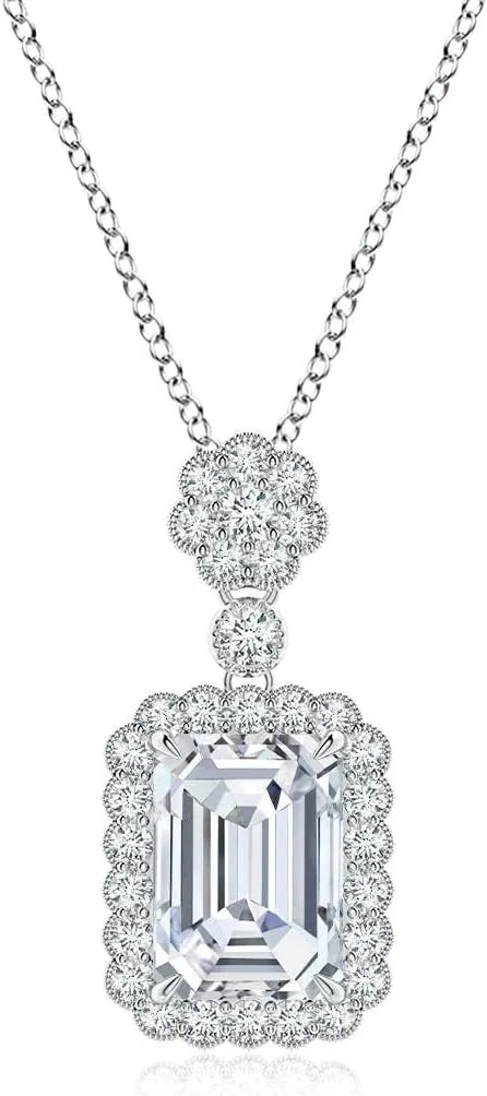 Angara Lab Grown Emerald-Cut Diamond Pendant with Floral Bale in Silver / 14K Solid Gold/Platinum | April Birthstone, Birthday, Engagement, Anniversary, Wedding Jewelry Gift for Women