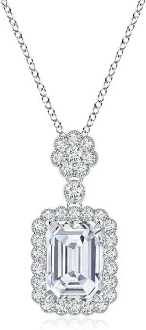 Angara Lab Grown Emerald-Cut Diamond Pendant with Floral Bale in Silver / 14K Solid Gold/Platinum | April Birthstone, Birthday, Engagement, Anniversary, Wedding Jewelry Gift for Women