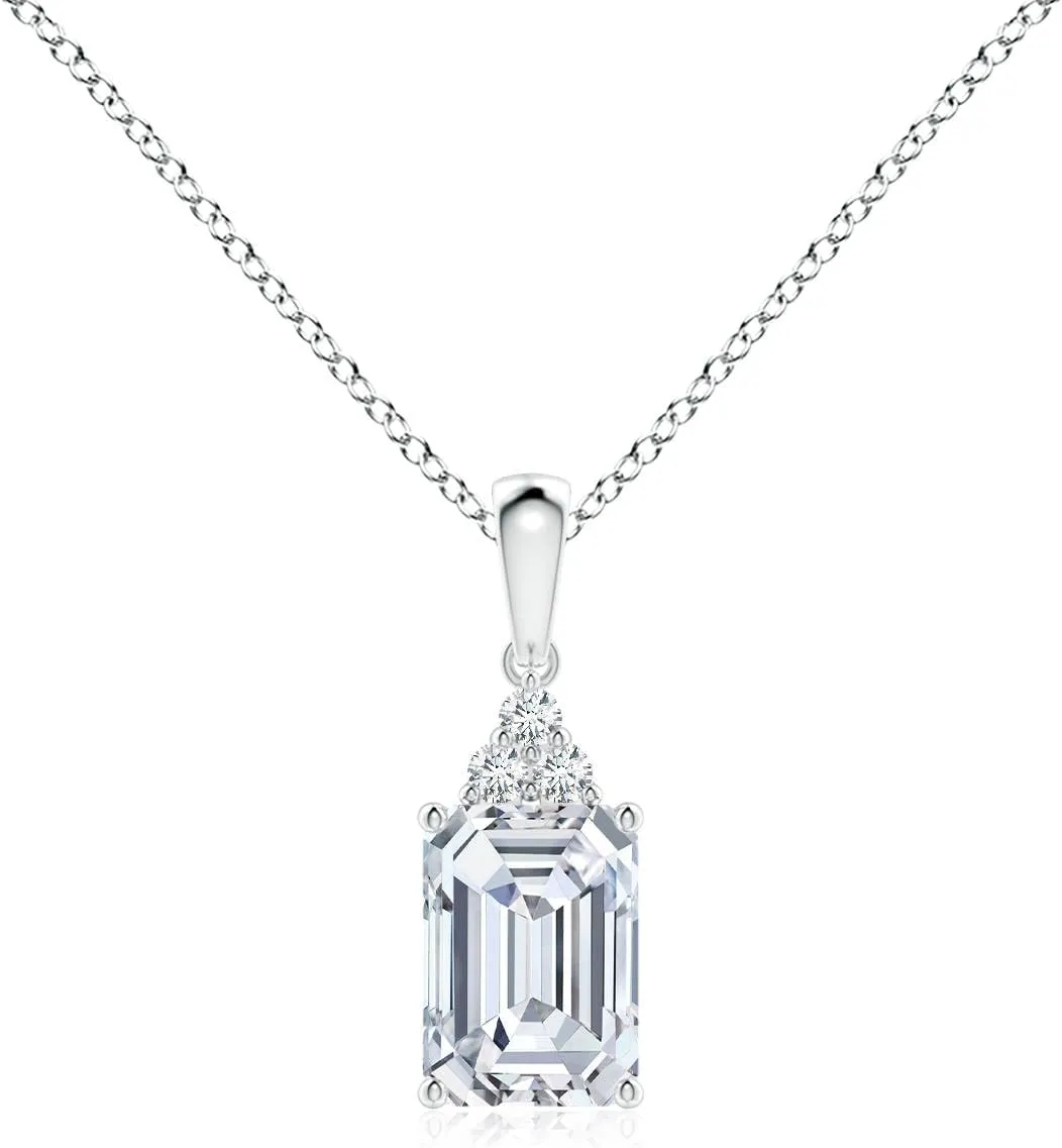 Angara Lab Grown Emerald-Cut Diamond Pendant with Lab Diamond Trio in Silver / 14K Solid Gold/Platinum | April Birthstone, Birthday, Engagement, Anniversary, Wedding Jewelry Gift for Women