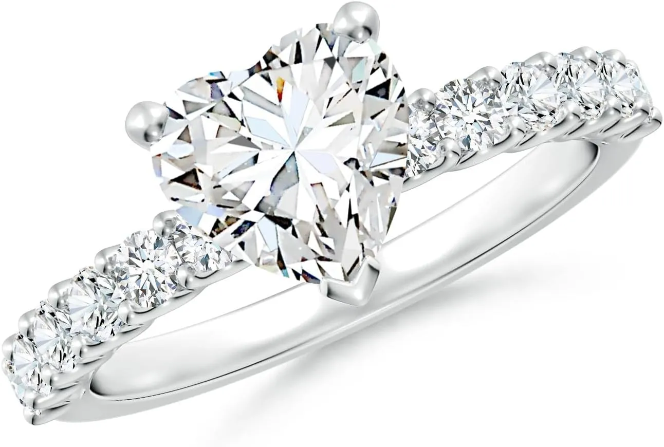 Angara Lab Grown Heart Diamond Solitaire Engagement Ring with Diamond Accents in Silver / 14K Solid Gold/Platinum | April Birthstone, Birthday, Anniversary, Wedding Jewelry Gift for Women