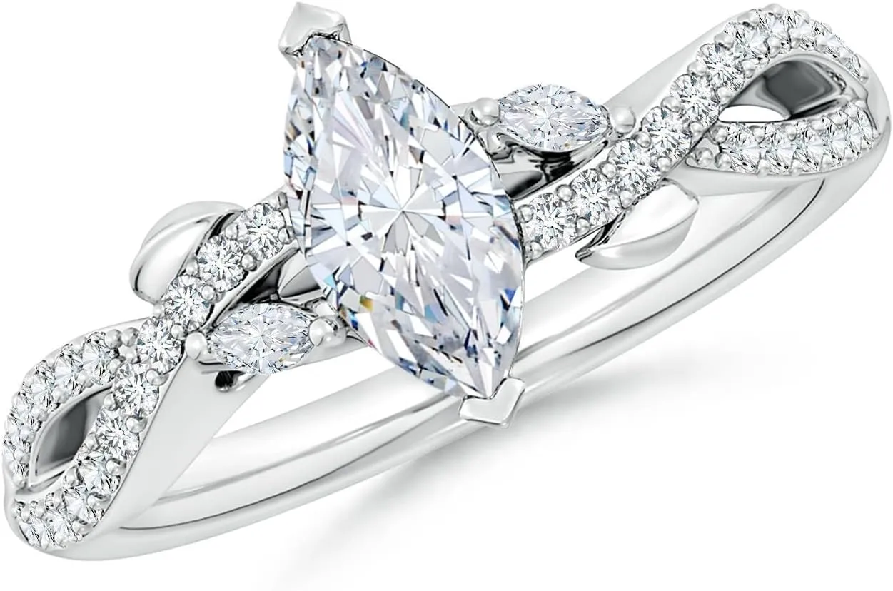 Angara Lab Grown Nature-Inspired Marquise Diamond Side Stone Engagement Ring in Silver / 14K Solid Gold/Platinum | April Birthstone, Birthday, Anniversary, Wedding Jewelry Gift for Women