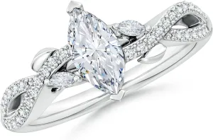 Angara Lab Grown Nature-Inspired Marquise Diamond Side Stone Engagement Ring in Silver / 14K Solid Gold/Platinum | April Birthstone, Birthday, Anniversary, Wedding Jewelry Gift for Women