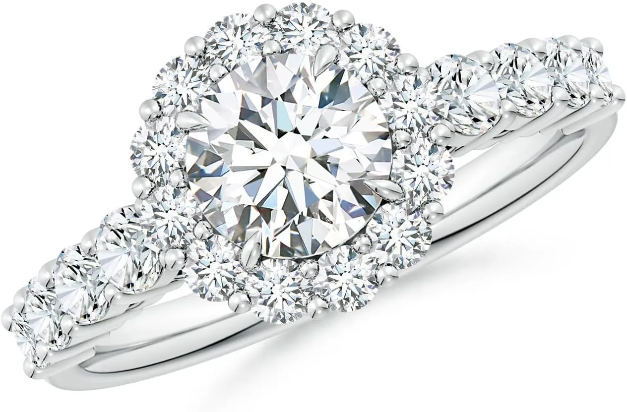 Angara Lab Grown Round Diamond Floral Halo Engagement Ring in Silver / 14K Solid Gold/Platinum | April Birthstone, Birthday, Anniversary, Wedding Jewelry Gift for Women