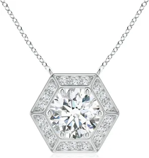 Angara Lab Grown Round Diamond Pendant with Hexagonal Halo in 14K Solid Gold/Platinum | April Birthstone, Birthday, Engagement, Anniversary, Wedding Jewelry Gift for Women
