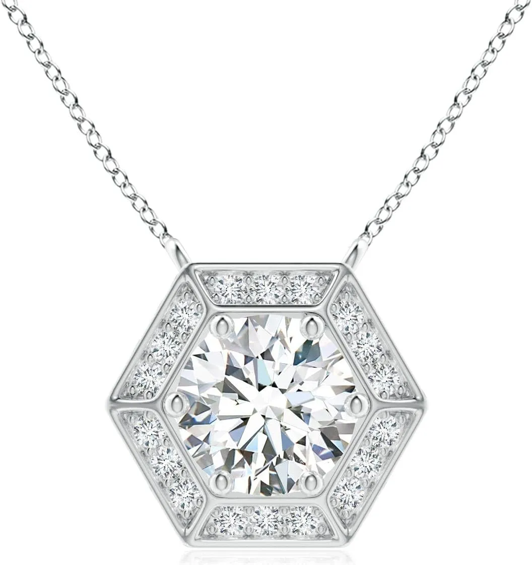 Angara Lab Grown Round Diamond Pendant with Hexagonal Halo in 14K Solid Gold/Platinum | April Birthstone, Birthday, Engagement, Anniversary, Wedding Jewelry Gift for Women