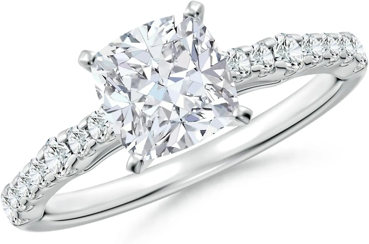 Angara Lab Grown Solitaire Cushion Diamond Station Engagement Ring in Silver / 14K Solid Gold/Platinum | April Birthstone, Birthday, Anniversary, Wedding Jewelry Gift for Women