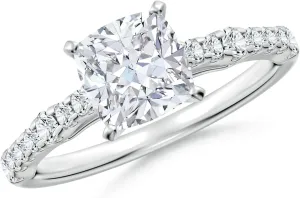Angara Lab Grown Solitaire Cushion Diamond Station Engagement Ring in Silver / 14K Solid Gold/Platinum | April Birthstone, Birthday, Anniversary, Wedding Jewelry Gift for Women