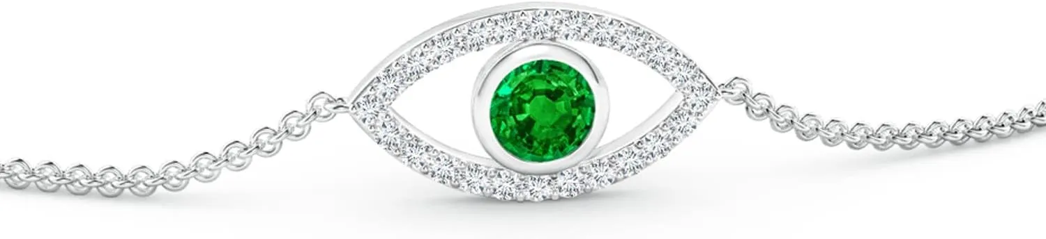 Angara Natural Bezel-Set Emerald and Diamond Evil Eye Bracelet in 14K Solid Gold/Platinum | May Birthstone, Birthday, Engagement, Anniversary, Wedding Jewelry Gift for Women