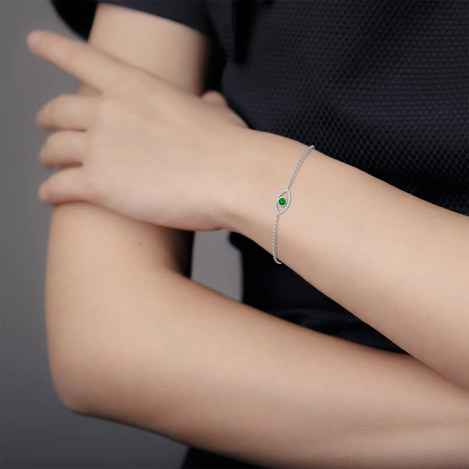 Angara Natural Bezel-Set Emerald and Diamond Evil Eye Bracelet in 14K Solid Gold/Platinum | May Birthstone, Birthday, Engagement, Anniversary, Wedding Jewelry Gift for Women