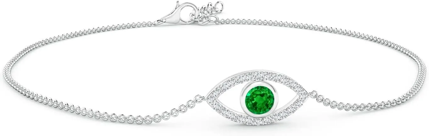 Angara Natural Bezel-Set Emerald and Diamond Evil Eye Bracelet in 14K Solid Gold/Platinum | May Birthstone, Birthday, Engagement, Anniversary, Wedding Jewelry Gift for Women