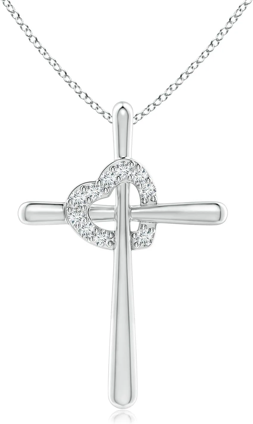 Angara Natural Cross Pendant with Diamond Heart in 14K Solid Gold/Platinum | April Birthstone, Birthday, Engagement, Anniversary, Wedding Jewelry Gift for Women