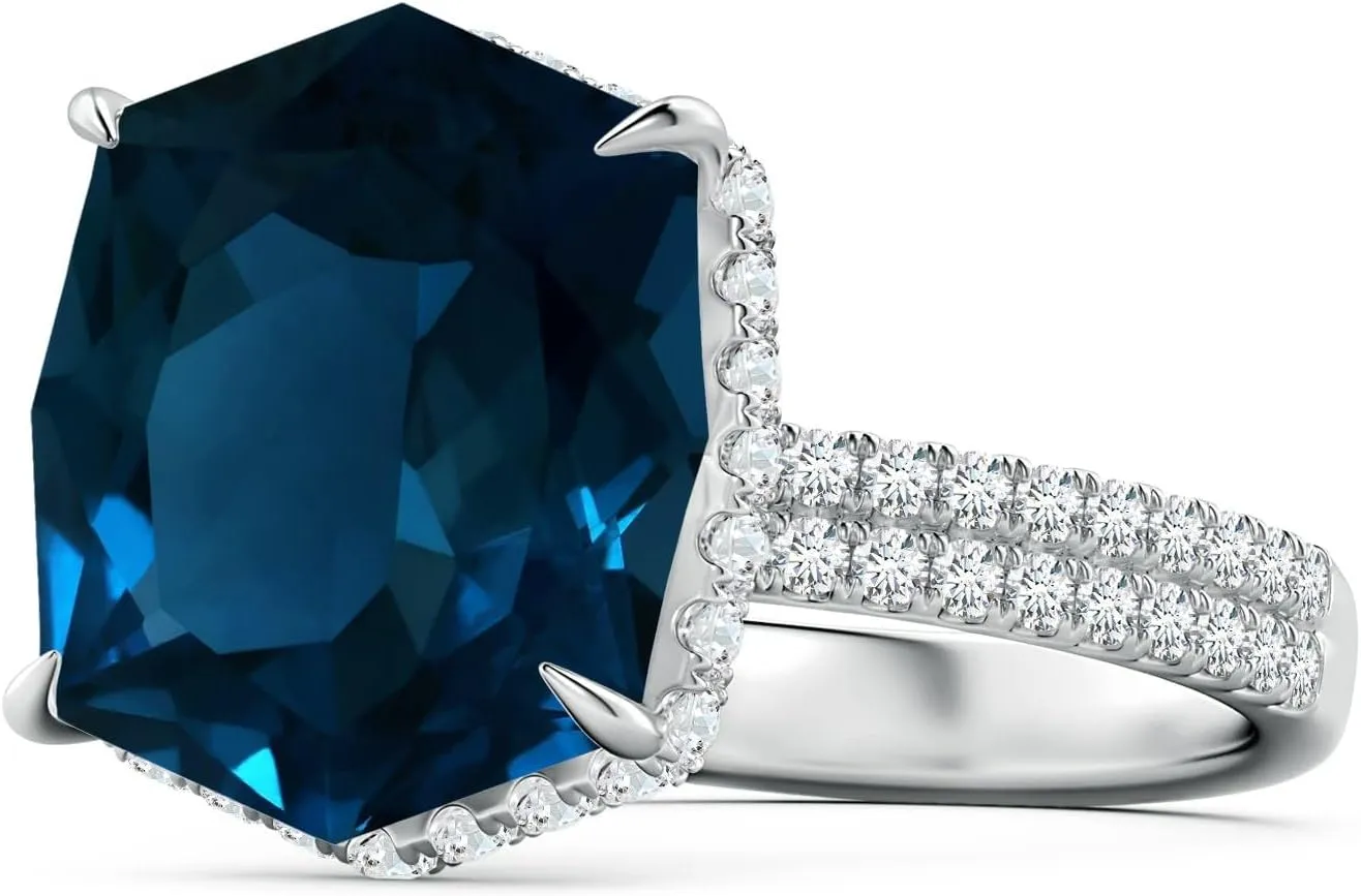 Angara Natural GIA Certified Rectangular Cushion 9.18 ct London Blue Topaz Hidden Halo Cocktail Ring in 14K Solid Gold/Platinum for Women | November Birthstone Jewelry for Women