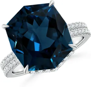 Angara Natural GIA Certified Rectangular Cushion 9.18 ct London Blue Topaz Hidden Halo Cocktail Ring in 14K Solid Gold/Platinum for Women | November Birthstone Jewelry for Women