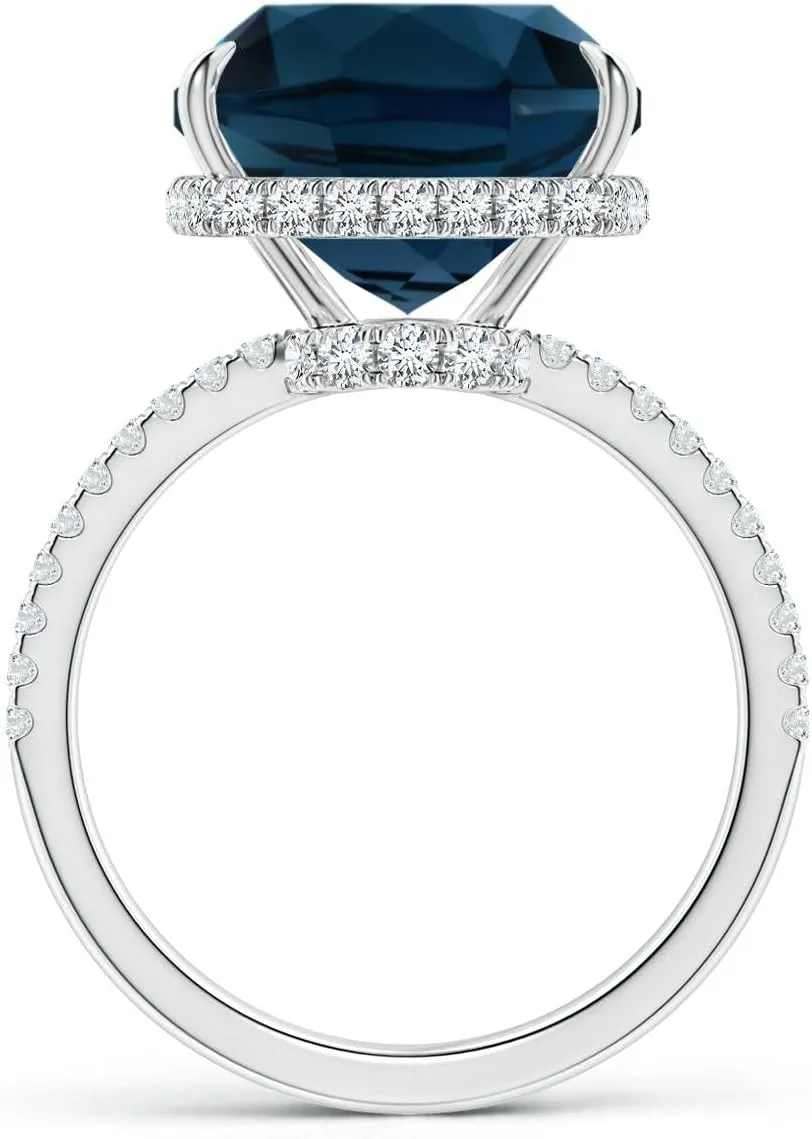Angara Natural GIA Certified Rectangular Cushion 9.18 ct London Blue Topaz Hidden Halo Cocktail Ring in 14K Solid Gold/Platinum for Women | November Birthstone Jewelry for Women